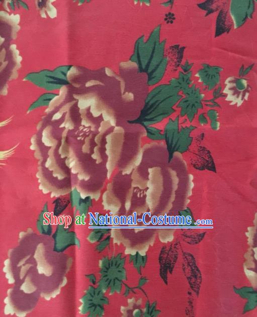 Asian Chinese Classical Peony Pattern Red Satin Drapery Gambiered Guangdong Gauze Brocade Traditional Cheongsam Brocade Silk Fabric