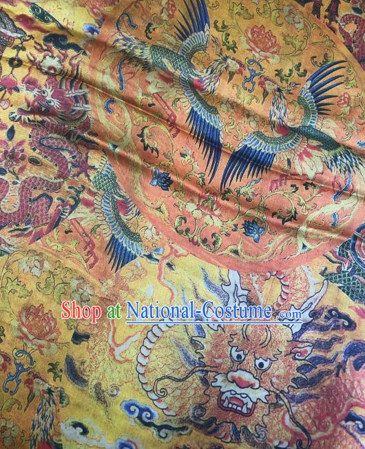 Asian Chinese Classical Phoenix Peony Pattern Yellow Satin Drapery Gambiered Guangdong Gauze Brocade Traditional Cheongsam Brocade Silk Fabric