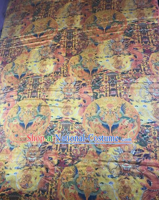 Asian Chinese Classical Phoenix Peony Pattern Yellow Satin Drapery Gambiered Guangdong Gauze Brocade Traditional Cheongsam Brocade Silk Fabric