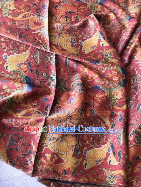 Asian Chinese Classical Phoenix Peony Pattern Wine Red Satin Drapery Gambiered Guangdong Gauze Brocade Traditional Cheongsam Brocade Silk Fabric