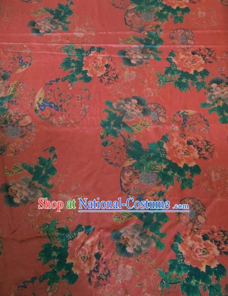 Asian Chinese Classical Peony Flowers Pattern Red Satin Drapery Gambiered Guangdong Gauze Brocade Traditional Cheongsam Brocade Silk Fabric