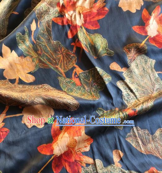 Asian Chinese Classical Lotus Pattern Navy Satin Drapery Gambiered Guangdong Gauze Brocade Traditional Cheongsam Brocade Silk Fabric