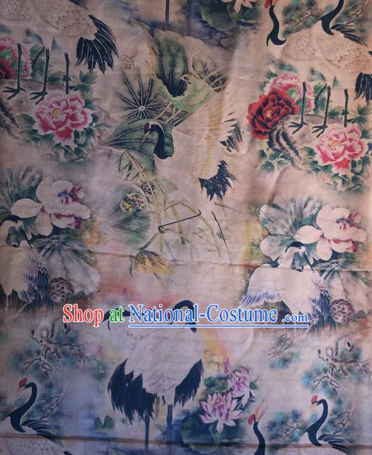 Asian Chinese Classical Cranes Peony Pattern White Satin Drapery Gambiered Guangdong Gauze Brocade Traditional Cheongsam Brocade Silk Fabric