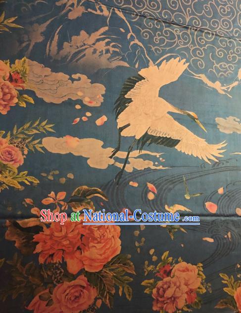 Asian Chinese Classical Crane Roses Pattern Navy Satin Drapery Gambiered Guangdong Gauze Brocade Traditional Cheongsam Brocade Silk Fabric