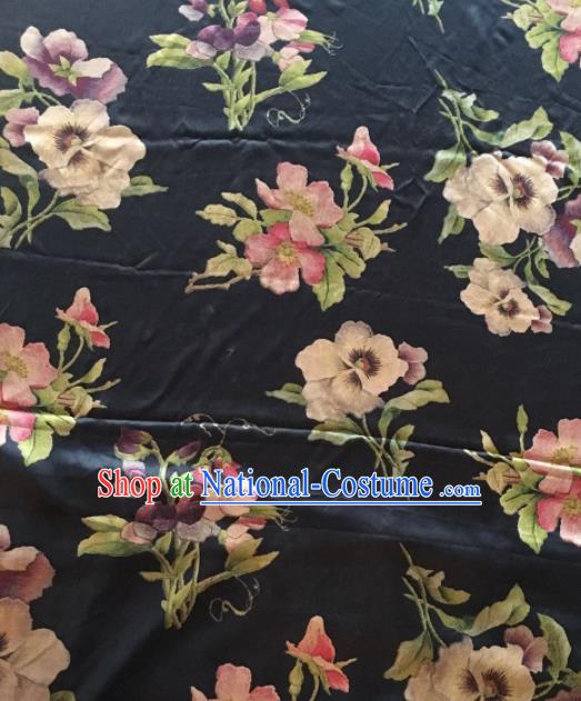 Asian Chinese Classical Flowers Pattern Black Satin Drapery Gambiered Guangdong Gauze Brocade Traditional Cheongsam Brocade Silk Fabric