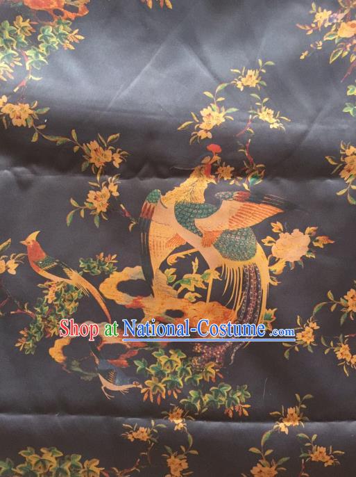 Asian Chinese Classical Phoenix Pattern Black Satin Drapery Gambiered Guangdong Gauze Brocade Traditional Cheongsam Brocade Silk Fabric