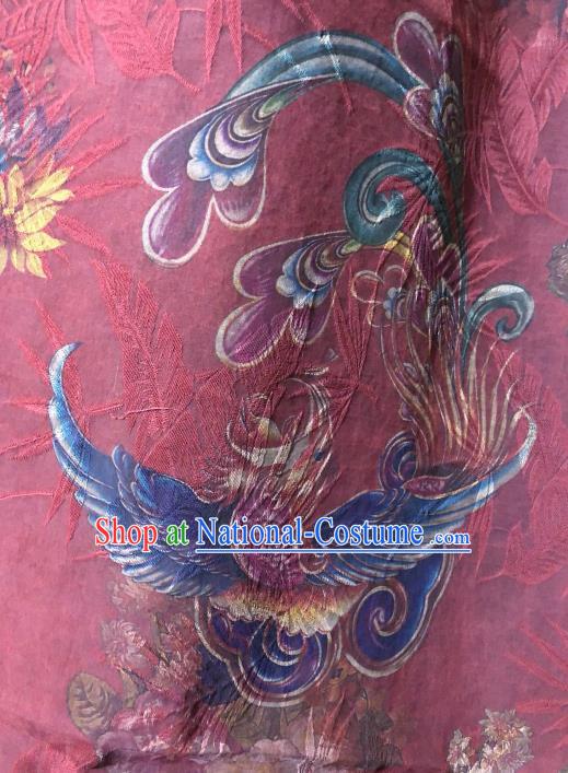 Asian Chinese Classical Phoenix Pattern Wine Red Satin Drapery Gambiered Guangdong Gauze Brocade Traditional Cheongsam Brocade Silk Fabric