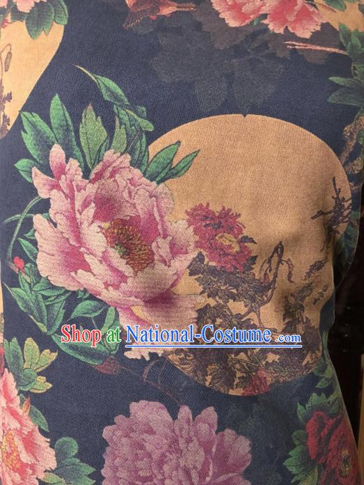 Asian Chinese Classical Chrysanthemum Peony Pattern Navy Satin Drapery Gambiered Guangdong Gauze Brocade Traditional Cheongsam Brocade Silk Fabric