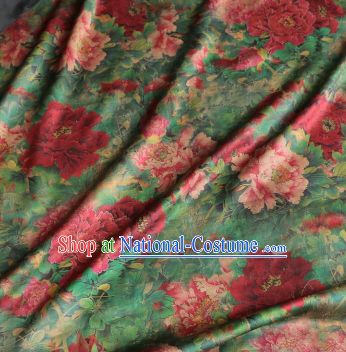 Asian Chinese Classical Peony Pattern Green Gambiered Guangdong Gauze Satin Drapery Brocade Traditional Cheongsam Brocade Silk Fabric