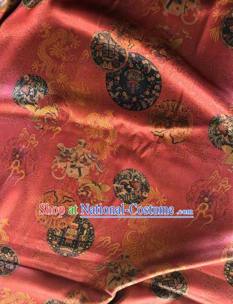 Asian Chinese Classical Dragons Pattern Red Satin Drapery Gambiered Guangdong Gauze Brocade Traditional Cheongsam Brocade Silk Fabric