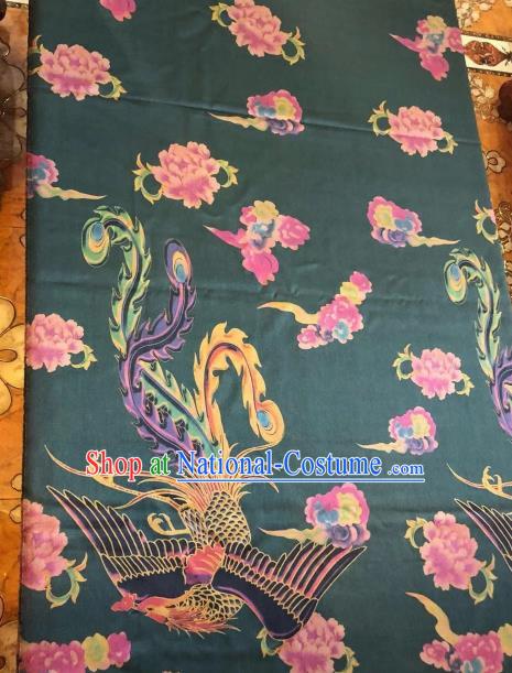 Asian Chinese Classical Phoenix Peony Pattern Deep Green Satin Drapery Gambiered Guangdong Gauze Brocade Traditional Cheongsam Brocade Silk Fabric