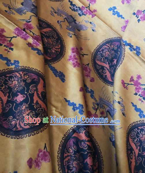 Asian Chinese Classical Plum Cranes Pattern Yellow Satin Drapery Gambiered Guangdong Gauze Brocade Traditional Cheongsam Brocade Silk Fabric