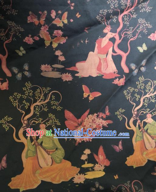 Asian Chinese Classical Beauty Pattern Navy Satin Drapery Gambiered Guangdong Gauze Brocade Traditional Cheongsam Brocade Silk Fabric