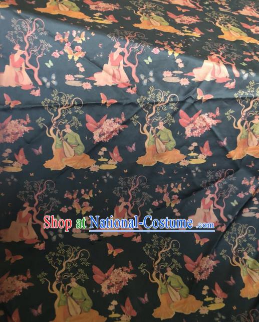 Asian Chinese Classical Beauty Pattern Navy Satin Drapery Gambiered Guangdong Gauze Brocade Traditional Cheongsam Brocade Silk Fabric