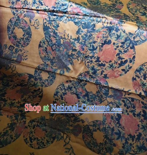 Asian Chinese Classical Peony Pattern Yellow Satin Drapery Gambiered Guangdong Gauze Brocade Traditional Cheongsam Brocade Silk Fabric