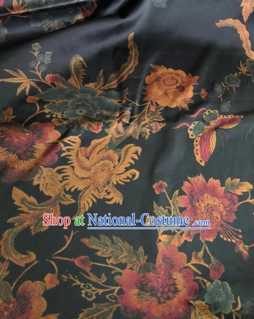 Asian Chinese Classical Butterfly Peony Pattern Navy Satin Drapery Gambiered Guangdong Gauze Brocade Traditional Cheongsam Brocade Silk Fabric