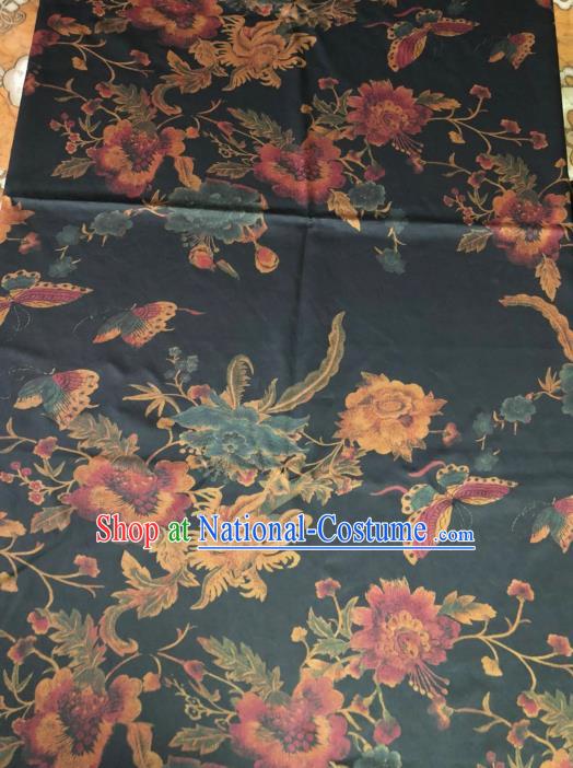 Asian Chinese Classical Butterfly Peony Pattern Navy Satin Drapery Gambiered Guangdong Gauze Brocade Traditional Cheongsam Brocade Silk Fabric