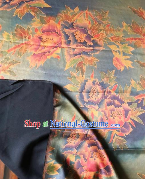 Asian Chinese Classical Peony Pattern Blue Satin Drapery Gambiered Guangdong Gauze Brocade Traditional Cheongsam Brocade Silk Fabric