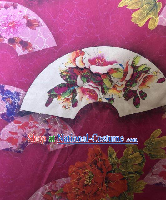 Asian Chinese Classical Peony Fan Pattern Rosy Satin Drapery Gambiered Guangdong Gauze Brocade Traditional Cheongsam Brocade Silk Fabric