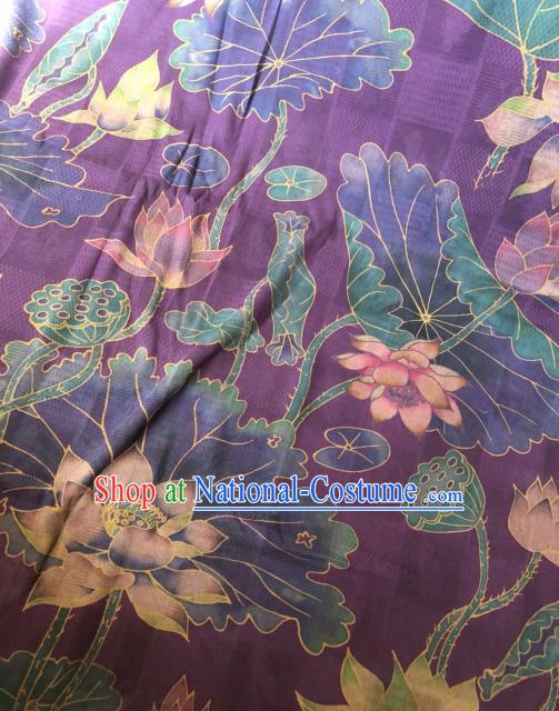 Asian Chinese Classical Lotus Pattern Purple Satin Drapery Gambiered Guangdong Gauze Brocade Traditional Cheongsam Brocade Silk Fabric