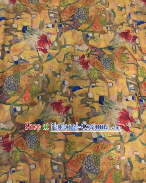 Asian Chinese Classical Peacock Pattern Yellow Satin Drapery Gambiered Guangdong Gauze Brocade Traditional Cheongsam Brocade Silk Fabric