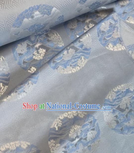 Asian Chinese Classical Pattern Blue Satin Drapery Gambiered Guangdong Gauze Brocade Traditional Cheongsam Brocade Silk Fabric