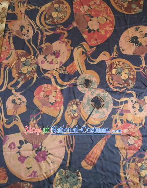 Asian Chinese Classical Fans Pattern Navy Satin Drapery Gambiered Guangdong Gauze Brocade Traditional Cheongsam Brocade Silk Fabric