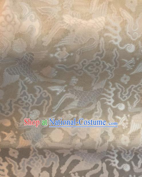 Asian Chinese Classical Cloud Cranes Pattern White Satin Drapery Gambiered Guangdong Gauze Brocade Traditional Cheongsam Brocade Silk Fabric