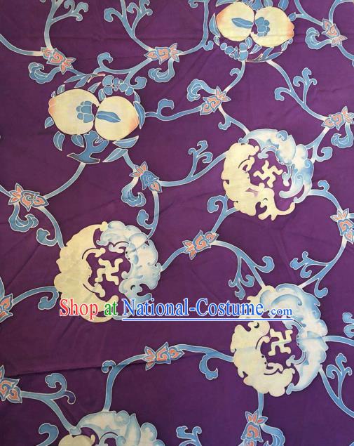 Asian Chinese Classical Longevity Peach Pattern Purple Satin Drapery Gambiered Guangdong Gauze Brocade Traditional Cheongsam Brocade Silk Fabric