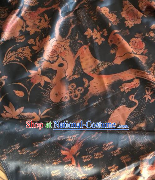 Asian Chinese Classical Birds Pattern Black Satin Drapery Gambiered Guangdong Gauze Brocade Traditional Cheongsam Brocade Silk Fabric