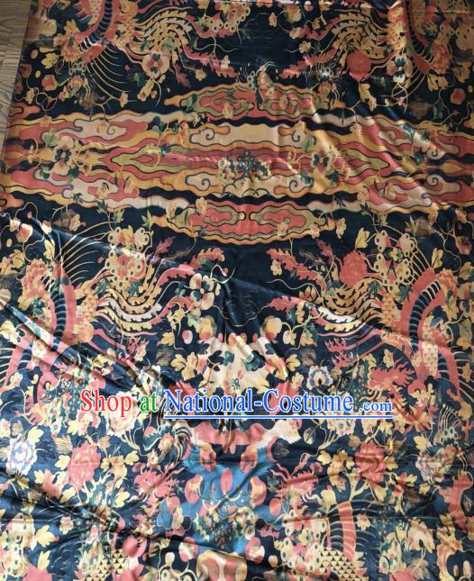 Asian Chinese Classical Cloud Phoenix Pattern Navy Satin Drapery Gambiered Guangdong Gauze Brocade Traditional Cheongsam Brocade Silk Fabric