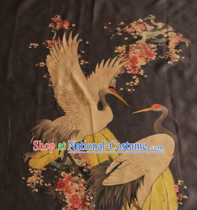 Asian Chinese Classical Cranes Plum Pattern Black Gambiered Guangdong Gauze Satin Drapery Brocade Traditional Cheongsam Brocade Silk Fabric