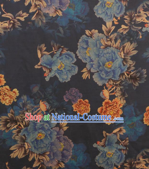 Asian Chinese Classical Blue Peony Pattern Gambiered Guangdong Gauze Satin Drapery Brocade Traditional Cheongsam Brocade Silk Fabric