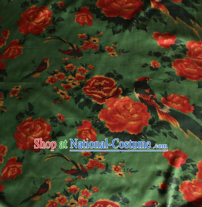 Asian Chinese Classical Peony Birds Pattern Green Gambiered Guangdong Gauze Satin Drapery Brocade Traditional Cheongsam Brocade Silk Fabric