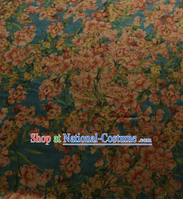 Asian Chinese Classical Flowers Pattern Blue Gambiered Guangdong Gauze Satin Drapery Brocade Traditional Cheongsam Brocade Silk Fabric