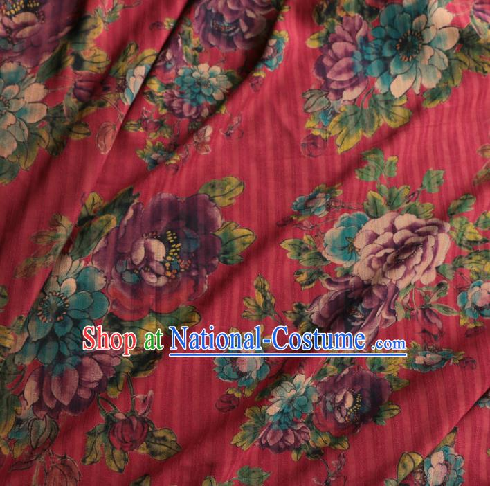 Asian Chinese Classical Peony Pattern Red Gambiered Guangdong Gauze Satin Drapery Brocade Traditional Cheongsam Brocade Silk Fabric