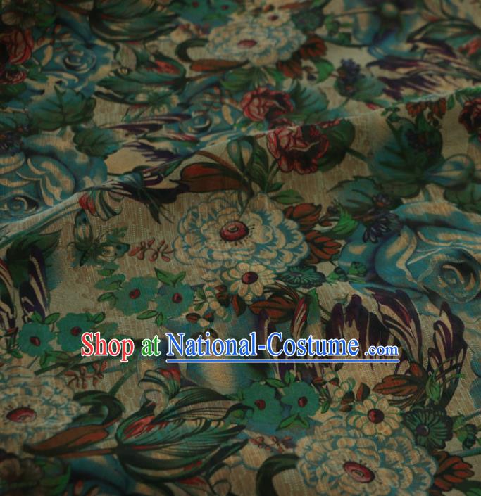 Asian Chinese Classical Pattern Green Gambiered Guangdong Gauze Satin Drapery Brocade Traditional Cheongsam Brocade Silk Fabric