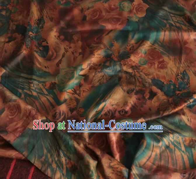 Asian Chinese Classical Roses Pattern Blue Gambiered Guangdong Gauze Satin Drapery Brocade Traditional Cheongsam Brocade Silk Fabric