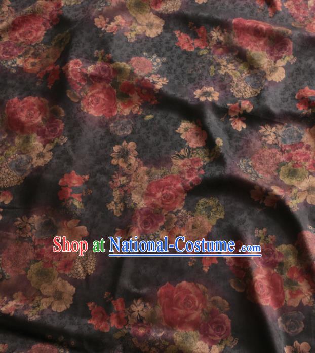 Asian Chinese Classical Roses Pattern Black Gambiered Guangdong Gauze Satin Drapery Brocade Traditional Cheongsam Brocade Silk Fabric