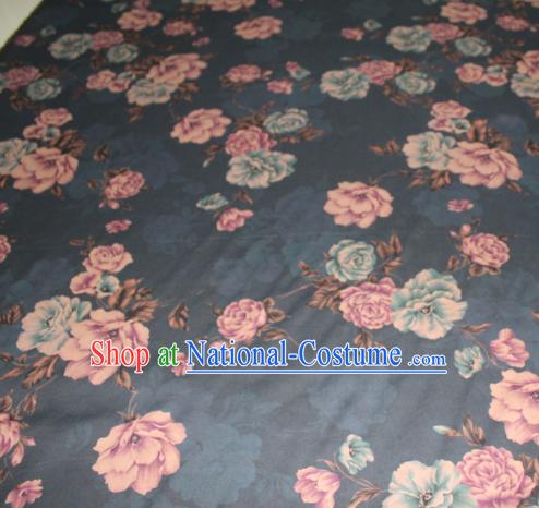 Asian Chinese Cheongsam Classical Roses Pattern Navy Gambiered Guangdong Gauze Satin Drapery Brocade Traditional Brocade Silk Fabric