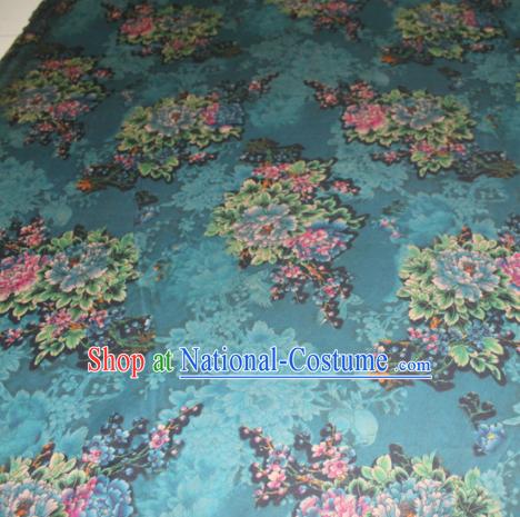 Asian Chinese Cheongsam Classical Peony Pattern Blue Gambiered Guangdong Gauze Satin Drapery Brocade Traditional Brocade Silk Fabric