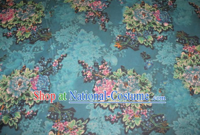 Asian Chinese Cheongsam Classical Peony Pattern Blue Gambiered Guangdong Gauze Satin Drapery Brocade Traditional Brocade Silk Fabric