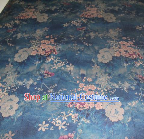 Asian Chinese Cheongsam Classical Plum Pattern Blue Gambiered Guangdong Gauze Satin Drapery Brocade Traditional Brocade Silk Fabric