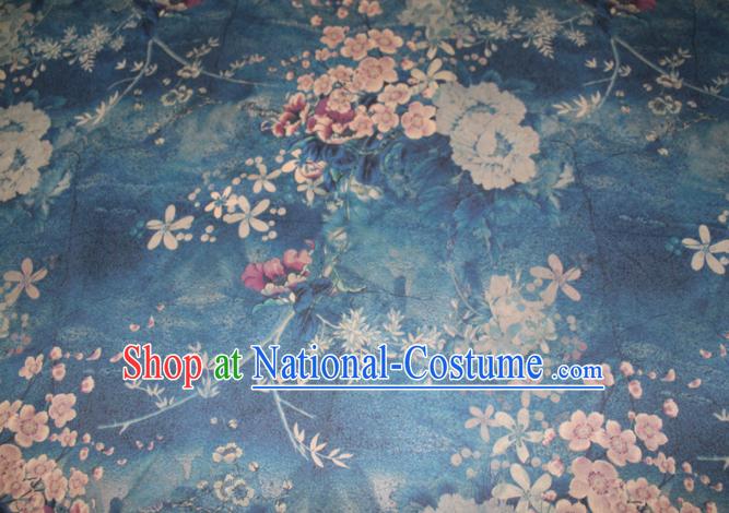 Asian Chinese Cheongsam Classical Plum Pattern Blue Gambiered Guangdong Gauze Satin Drapery Brocade Traditional Brocade Silk Fabric