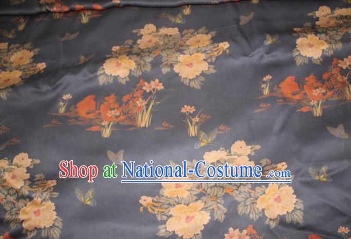 Chinese Traditional Cheongsam Classical Orchid Peony Pattern Black Gambiered Guangdong Gauze Asian Satin Drapery Brocade Silk Fabric