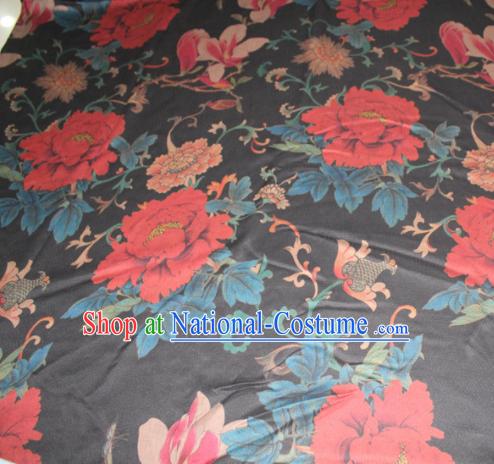 Chinese Traditional Cheongsam Classical Red Peony Pattern Black Gambiered Guangdong Gauze Asian Satin Drapery Brocade Silk Fabric