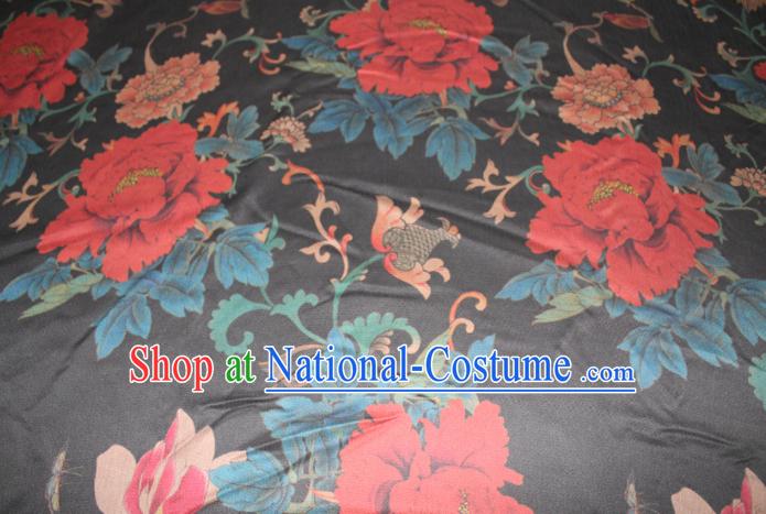 Chinese Traditional Cheongsam Classical Red Peony Pattern Black Gambiered Guangdong Gauze Asian Satin Drapery Brocade Silk Fabric