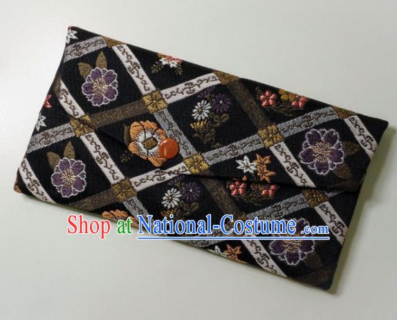 Japanese Traditional Classical Sakura Pattern Black Brocade Handbag Asian Japan Nishijin Satin Bags Wallet