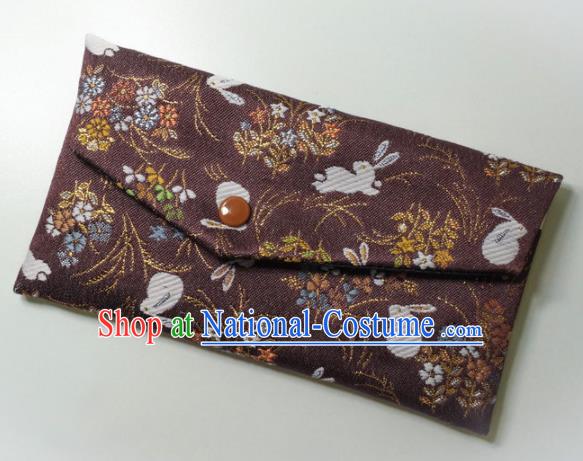 Japanese Traditional Classical Orchid Rabbits Pattern Purple Brocade Handbag Asian Japan Nishijin Satin Bags Wallet