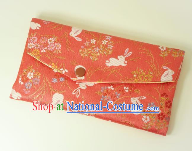 Japanese Traditional Classical Orchid Rabbits Pattern Watermelon Red Brocade Handbag Asian Japan Nishijin Satin Bags Wallet